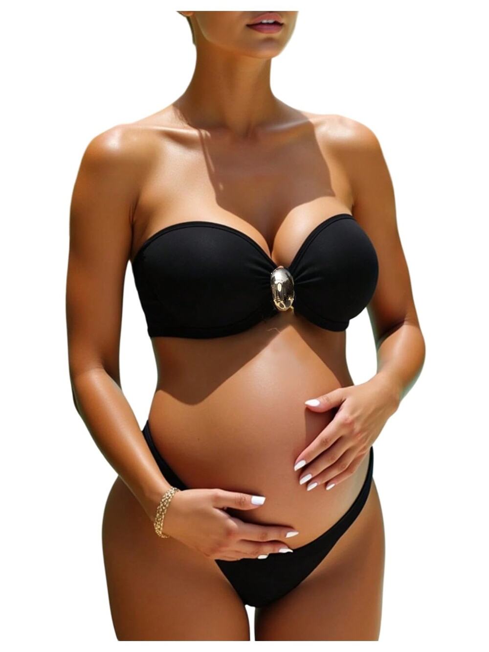 Womens L Maternity Bikini Swimsuit Two Piece Strapless Bandeau High Waist Black